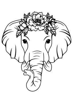 Elephant face wirh floral crown in head. Vector illustration