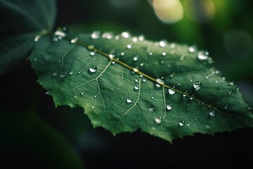 Large beautiful drops of transparent rain water on a green leaf macro Drops of dew in the morning glow in the sun Beautiful. Generative AI