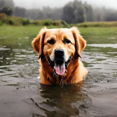 portrait of happy golden retriever soak in water and smiling at the camera