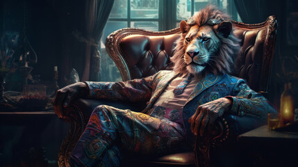 Glamorous dark lion in an expensive suit, the king of beasts, the boss is sitting in a luxurious chair. Created generative AI.