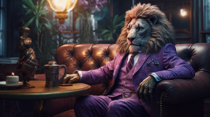 Glamorous dark lion in an expensive suit, the king of beasts, the boss is sitting in a luxurious chair. Created generative AI. - obrazy, fototapety, plakaty