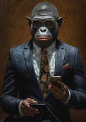 A glamorous and businesslike monkey, a gorilla with a smartphone in his hands works on the Internet with artificial intelligence, in the gpt chat program. Created generative AI.