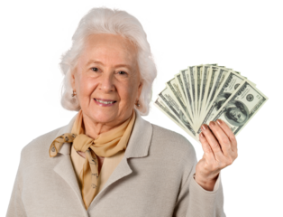 Portrait of old Woman Showing Money, Isolated on Transparent Background