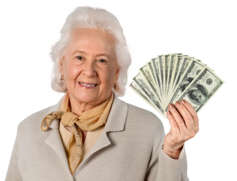 Portrait of old Woman Showing Money, Isolated on Transparent Background