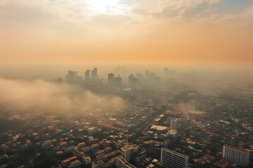 Panoramic landscape view of Bangkok city and skyscape that showing smog and polluted air pollution from particle PM25. Generative AI