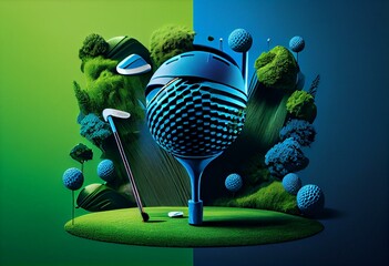 Square image of golf tournament on blue and green background. Generative AI - Powered by Adobe