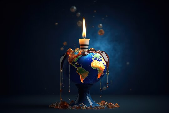 Planet earth is melting in a lamp because of candle fire "Elements of this image furnished by NASA ". Generative AI
