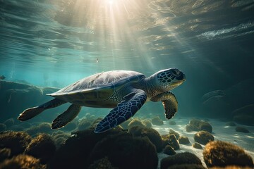 Obraz premium Beautiful Underwater Postcard. Maldivian Sea Turtle Floating Up And Over Coral reef. Loggerhead in wild nature habitat. Generative Ai.