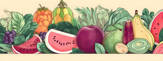 Citruses and fruits collection wide long banner
