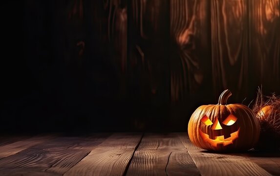 spooky halloween pumpkin, Jack O Lantern, with an evil face and eyes on a wooden bench, table with a misty night background with space for product placement. Generative Ai.