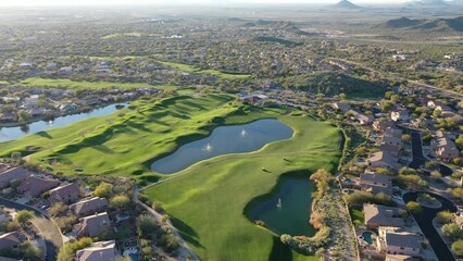 An aerial view of a desert golf corse in the southwestern United States.