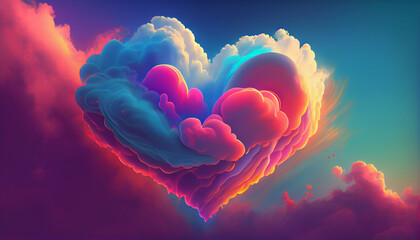 Beautiful colorful valentine day heart in the clouds Ai generated Image