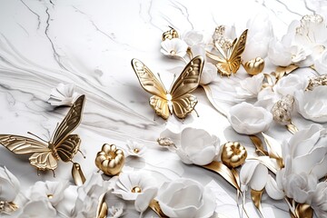 Fototapeta na wymiar Goden butterflies with white flowers