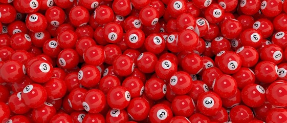 Lots of number trhee pool balls, with ultra wide screen