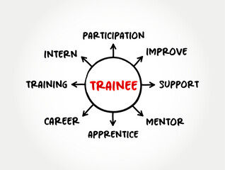 Trainee -  individual taking part in a trainee program within an organization after having graduated from higher and technical courses, mind map concept for presentations and reports