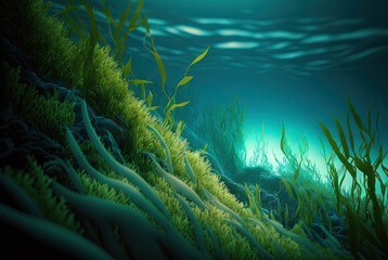 Seaweed on marine landscape. Wet grass on the coast with ocean or sea around. Generated AI.