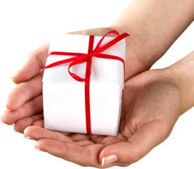 Human hands holding Little christmas box with bow isolated on white background