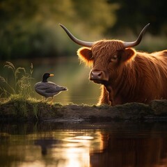 highland cow in water - obrazy, fototapety, plakaty