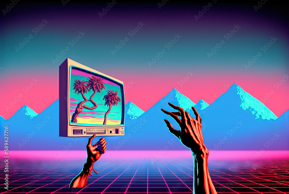 Aufkleber surreal vaporwave composition with old computer and distorted hands. 80s styled digital objects coll