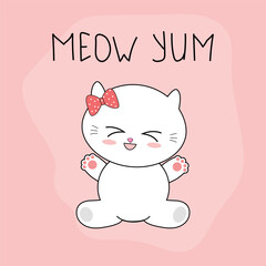 Cute adorable cat on pink background greeting card