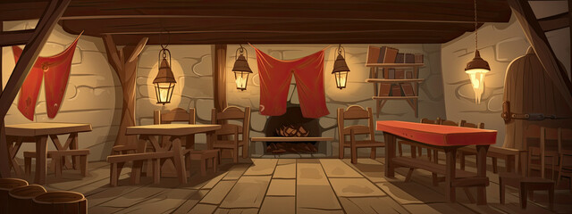 Medieval tavern interior design cartoon style, generative ai
