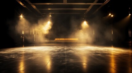 yellow spotlights shine on stage floor in dark room, idea for background backdrop, music hall or studio, Generative Ai