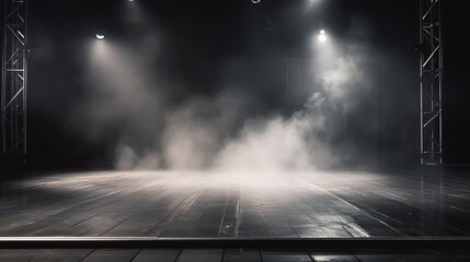 white smoke and spotlights shine on stage floor in dark room, idea for background backdrop, abandon room or warehouse, Generative Ai