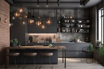 3D render of Industrial Loft Exposed Brick and Concrete Kitchen and Bar