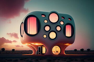 Fototapeta na wymiar A futuristic hotel building with sleek, modern design, generative ai illustration