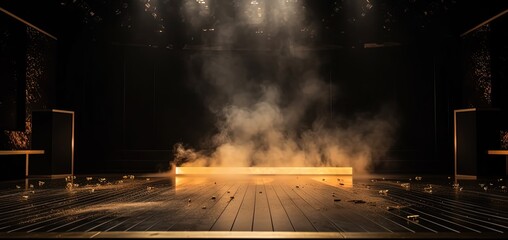 fire stage with spotlights shine on floor in dark room, idea for background backdrop, Generative Ai