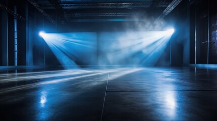 blue smoke and spotlights shine on stage floor in dark room, idea for background backdrop, abandon room or warehouse, Generative Ai