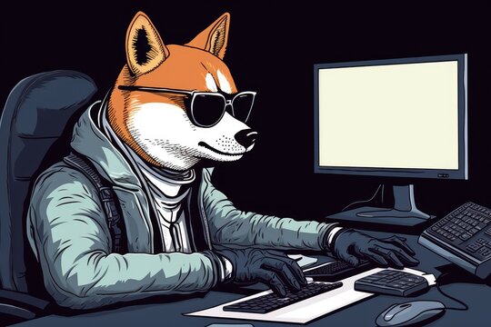 A Shiba Inu looking at the trading Screen