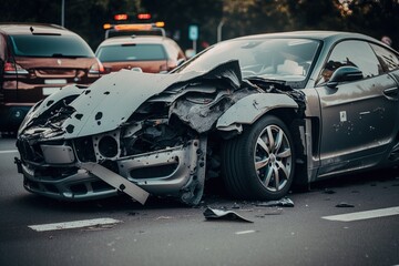 Obraz na płótnie Canvas Car crash. Car Accident. Car in the road after a car accident. Broken Car. Accident on the road. A car crash on the road