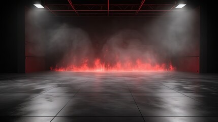 fire and smoke, spotlights shine on stage floor in dark room with burning flame , fire effect ground, idea for background, backdrop Generative Ai