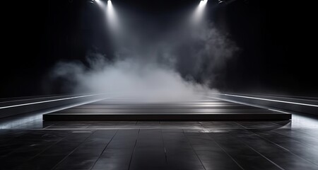 grey white smoke and spotlights shine on stage floor in dark room, idea for background backdrop, abandon room or warehouse, Generative Ai