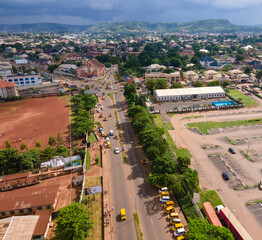 An aerial image of the city of Enugu showing major shops and businesses