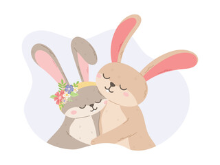 Two cute Hugging Hares. Vector isolated flat illustration of animal couple in love.