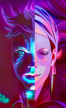 Duality of personality. Mental health in lavender color.  AI-generated digital illustration