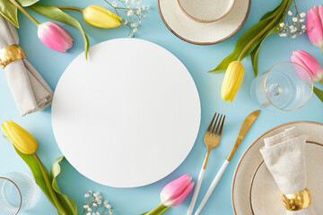 Mother's Day celebration concept. Top view photo of white circle plate cutlery knife fork fabric...