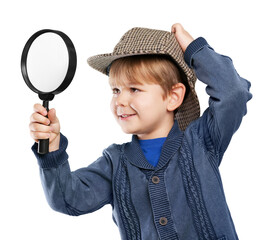 Little cute boy with magnifying glass isolated on white background