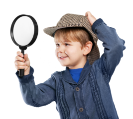 Little cute boy with magnifying glass isolated on white background