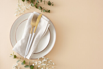 Table decoration concept. Top view photo of plate cutlery knife fork fabric napkin eucalyptus...