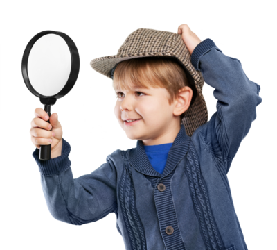 Little cute boy with magnifying glass isolated on white background - Powered by Adobe