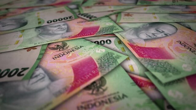 Indonesian Rupiah 20000 IDR banknote surface. Flying over Indonesia money note. 3D abstract concept of business, inflation, economy, finance, crisis and banking. Seamless and looped.