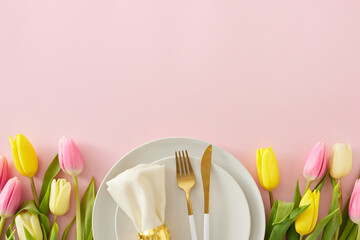 Mother's Day celebration concept. Top view photo of circle plate cutlery knife fork fabric napkin...