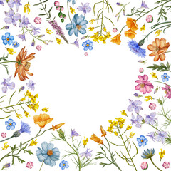 Heart floral frame. Meadow flowers and herbs background. Hand drawn flowers
