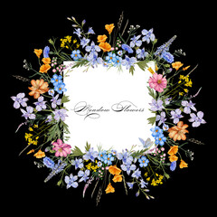 Background with wild flowers. Meadow flowers frame. Colorful Floral