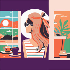 Vector illustration of a young beautiful woman sitting by the window in a cafe, cafe leisure, free time, coffee break, summer vacation.