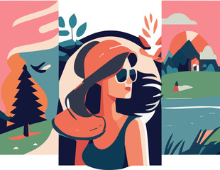 Vector illustration of a girl in a hat in the forest ,summer vacation,family resting, summer time,leisure time, landscape.

