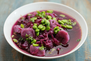 Purple Cabbage Soup with Purple Potatoes and Fava Beans